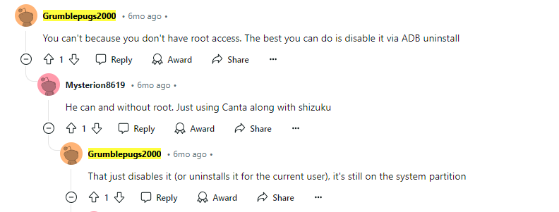 screenshot of reddit user telling to uninstall the youtube app using the ADB uninstall rather than disbale