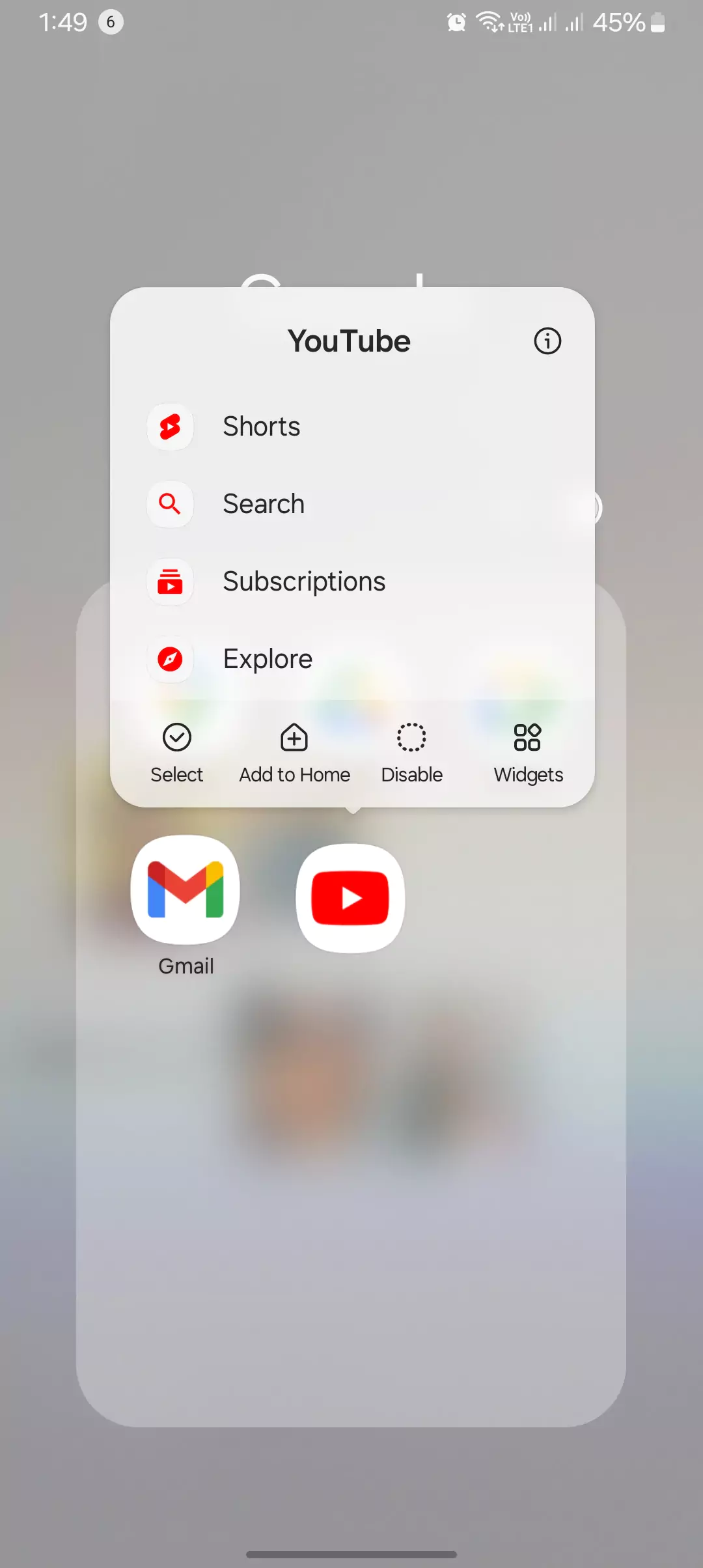 screenshot of additional options for the youtube app when hold on the icon