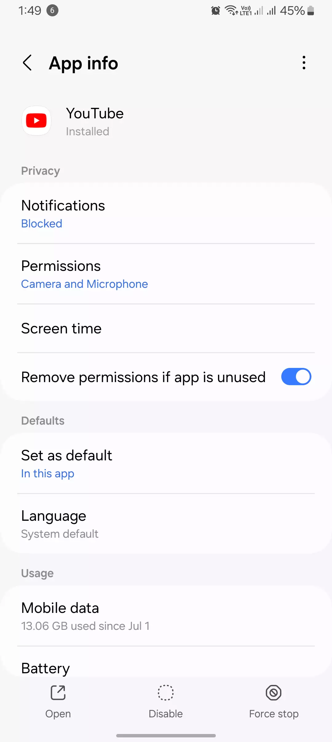 screenshot of the app info settings from android for the youtube app