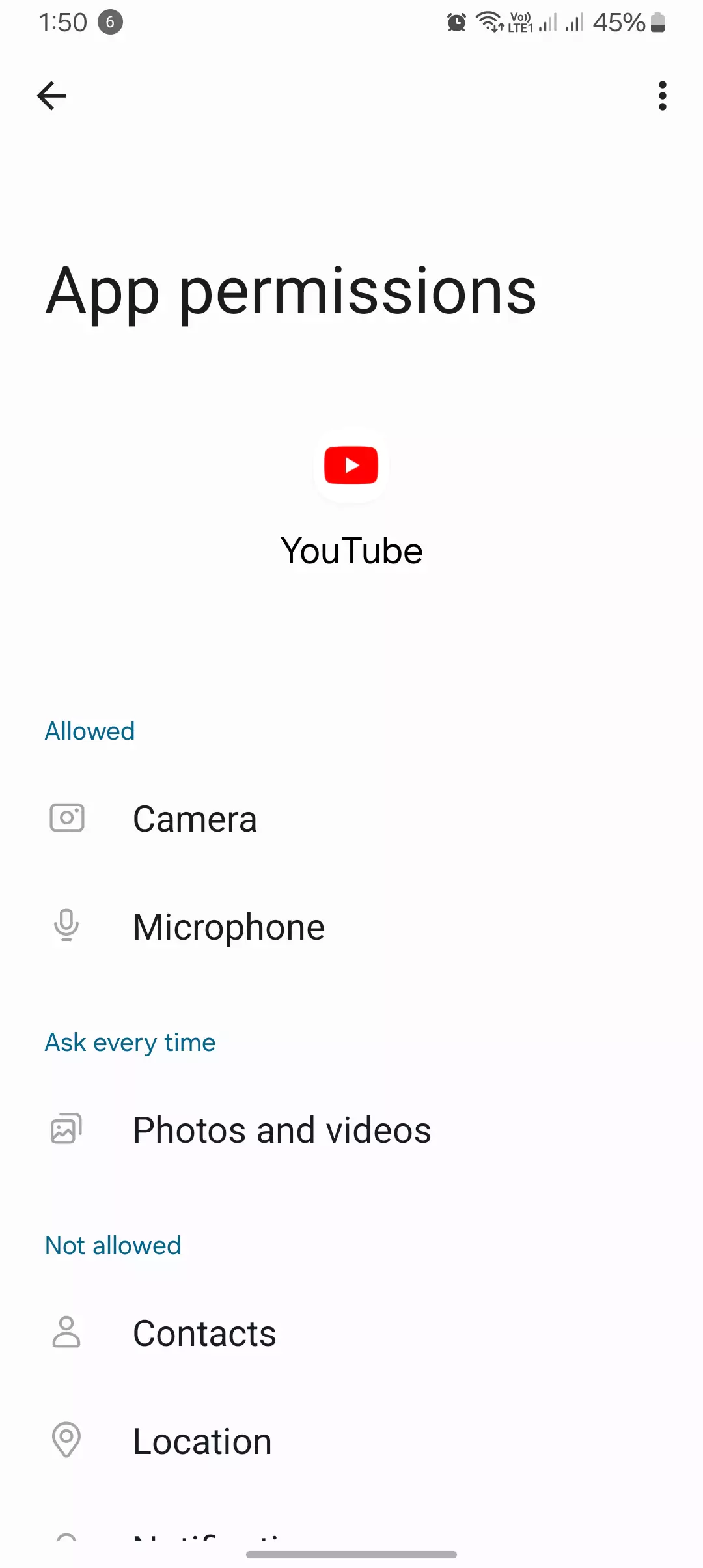 screenshot of the app permissions for the youtube app