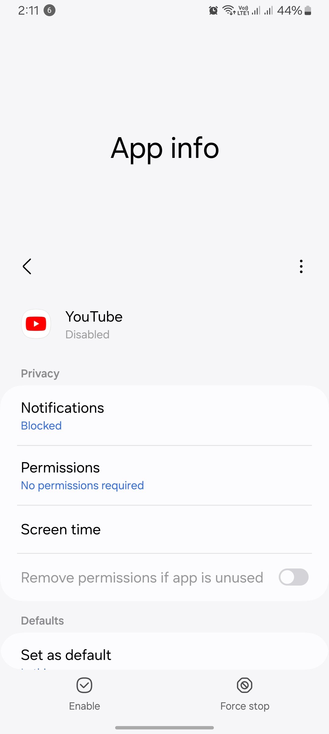 youtube app is disbaled from the app info settings screenshot